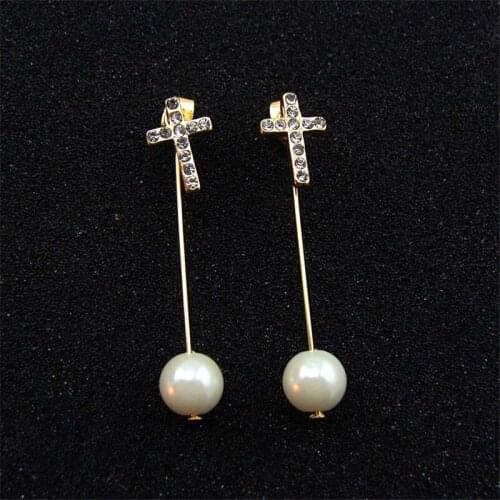 New Arrival Concise Euro Gold Bright Diamante Cross Simulated Pearl Long Hanging Drop Earrings for Women