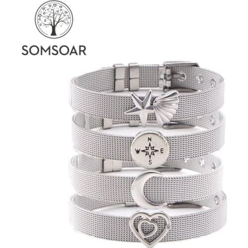 Somsoar Jewelry Silvering Stainless Steel Mesh Bracelet Bangles with DIY Slide Charms Bracelets as mothers Day Gift
