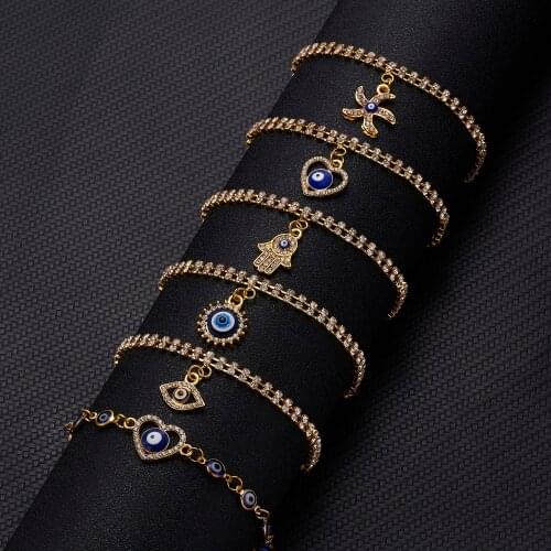 Vintage Gothic Lucky Blue Evil Eye Bracelet & Bangle Gold Color Geometric Heart Hand Double layer Bracelet For Women Men Jewelry