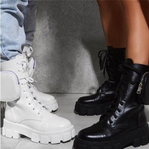 Women Pocket Boot Lace Up Ladies Ankle Boots Female Buckle Strap Black Chunky Sole Pouch Ankle Boots Woman Platform Shoe Fashion