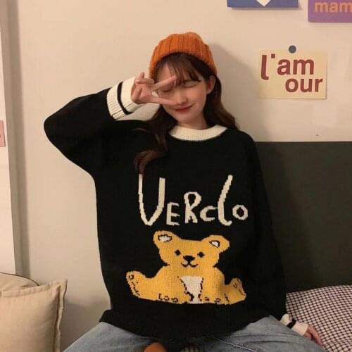Women Knitted Sweater Fashion Oversized Pullovers Cartoon Print Loose Sweater New Korean College Style Women Jumper Sueter Mujer