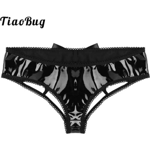 TiaoBug Women Lingerie Hot Sexy Bikini Briefs Cage-Back Hipster Underwear Faux Leather Thongs Lace Bowknot Mini G-string Panties