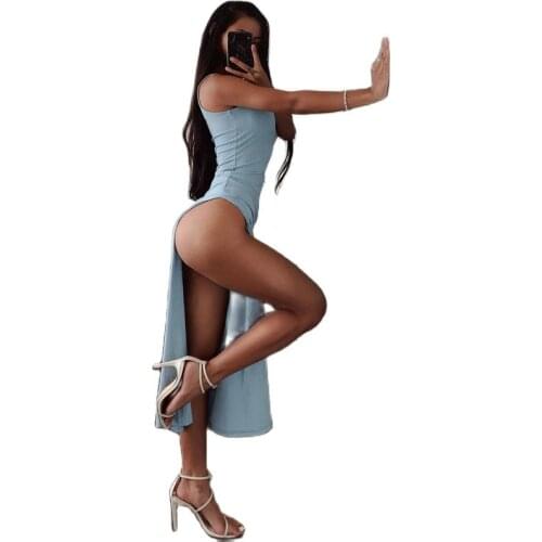 Women Summer Style Dress 2020 New Arrivals Sexy Single Shoulder Sleeveless Split Blue Solid Party Dresses Vestidos