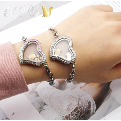 316L Stainless Steel Living Memory Heart Shaped Crystal Clear Glass Locket Bracelet Floating Bracelets Women Jewelry Rolo Chain