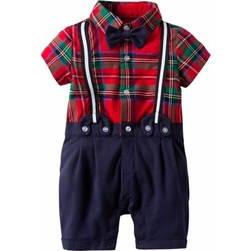 Baby Rompers Cotton Baby Boy Clothes Summer Gentleman Baby Red Plaid For Birthday Party Infant Jumpsuits Kids Clothing