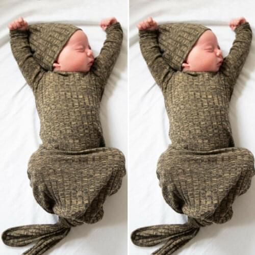Infant Newborn Kids Baby Girl Boy Sleeping Bags Solid Cotton Soft Knitted Swaddle Wrap Blanket Sleeping Bag+Hat 2PCS Sets 0-1Y