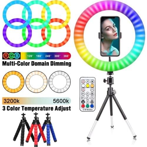 RGB Selfie Fill Ring Light LED Photographic Round Lamp 26 Colous Dimmable With remote control Phone Stand For Youtube Video Live