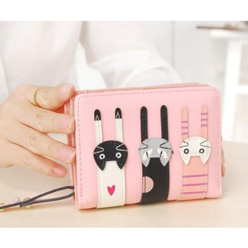 Wallet New Women Cute PU Leather Hasp Cartoon Cat Short Wallet Animal Change Purse Card Holder Girls Handbag