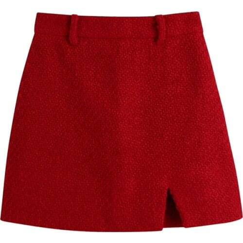 TRAF Za 2021 Red Tweed Suit 2 Piece Set Women Mini Skirt Elegant Sets Woman Autumn Office Female Cropped Blazer Classic Suits