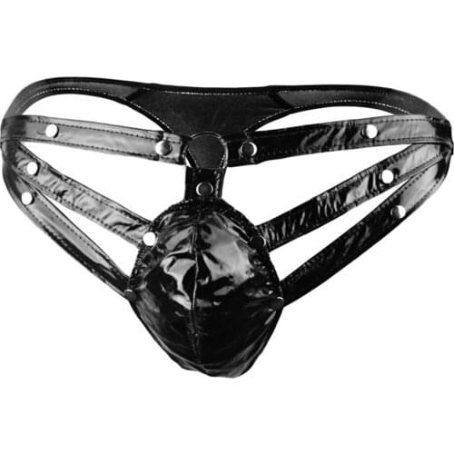 Leather Underwear Men Gay Thong G-string Rivet PU Leather Mens Bikini Underwear Erotic Penis Pouch Black/Red Color