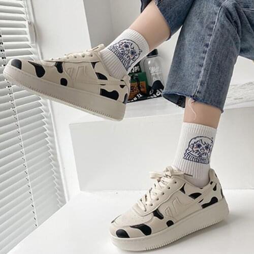 Women Cow Pattern Vulcanized 2021 Spring Autumn Female Platform Sneakers Ladies Casual Lace Up Flats Shoes Student Footwear
