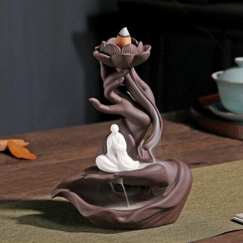Buddha Hand Backflow Incense Burner Purple Sand Cermaic Incense Stick Holder Smoke Waterfall Incense Censer Home Deacor