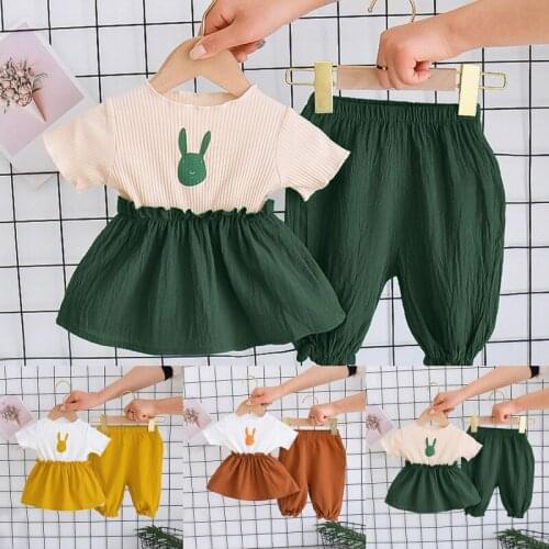 Summer Girls Clothing Sets Baby Kids Clothes Suit Children Short Sleeve Dress +Pants 2Pcs Set Cartoon Rabbit Roupas Meninas