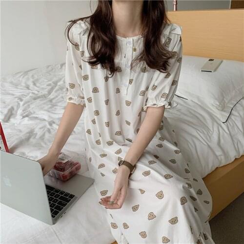 Cartoon Bear Summer Nightgown Women O-Neck Short Sleeve Cute Kawaii Long Sleepwear Loose Cotton Casual Home Clothes Korean