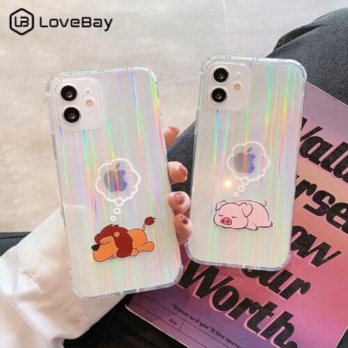 Cute Clear Laser Animals Pig Lion Giraffe Phone Case For iPhone 11 12 Pro Max Mini X XS XR 7 8 Plus SE 2020 Soft TPU Bumper Back