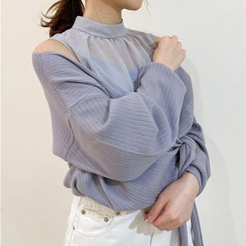 Fashion Fake Two Piece Patchwork Knit Sweater Cardigans Women V Neck Long Sleeve Single Breast Pull Femme Spring Solid Sueter