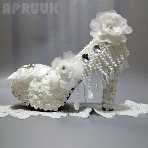 New arrival high heel platforms shoes woman white flower lace tassel fringe womens wedding shoes