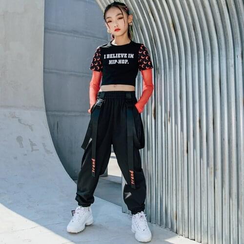 Girls Hip Hop Dance Costume Net Sleeved Shirt Crop Tops Black Casual Pants Kid Jazz Street Dancing Clothes Stage Rave Outfits