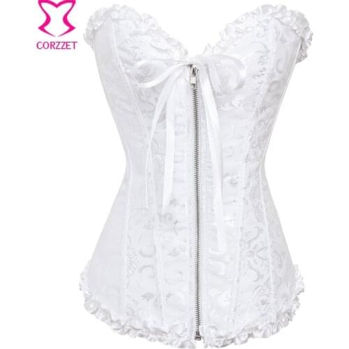 Solid Color Jacquard Bustiers Zipper with Satin Bandage Corsett Club Party Clothes Gothic Steampunk Overbust Corsets For Woman