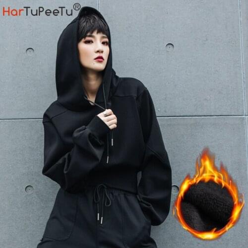 Autumn Winter Fleece Lining Hoodie Cotton Black Short Sweatshirt Tunch Elastic Waist Crop Tops Plus Size Fit Lace-Up Hooded Coat