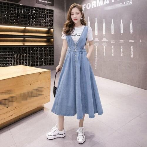 Denim Dress Women Fashion Solid V Neck Sleeveless Backless With Button Pocket Mid Calf Cotton Strap Dress Office Lady