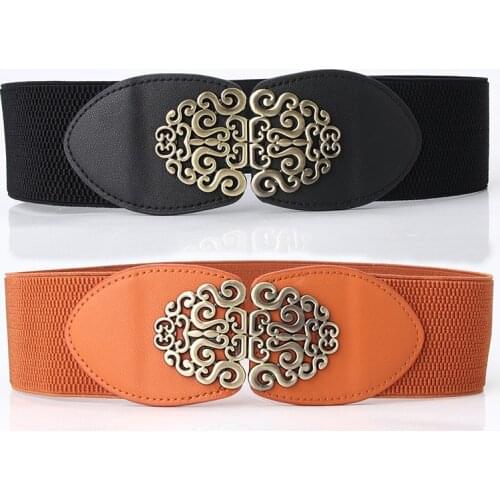 Fashion Foldable Carved All-Match Girls Belt Black Women Fashion Vintage Wide Elastic Stretch Buckle Waist Belt Waistband