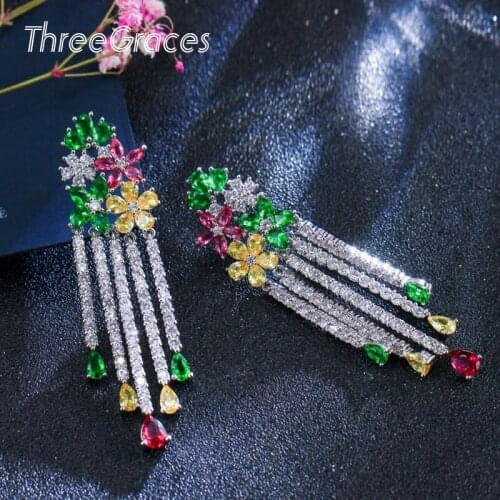 ThreeGraces Top Quality Green Yellow Red Flower Cubic Zirconia Big Long Tassel Dangling Earrings Aesthetic Women Jewelry ER123