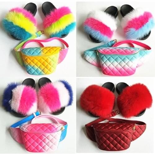 Designer Waist Bag Ladies Jelly Chest Bag Women Fur Slippers Slides Set Girls Fluffy Fur Slides Plush Flip Flops Sandals Shoes