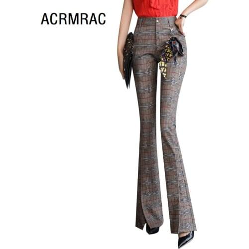 Women pants Slim spring autumn High waist Plaid boot cut pant casual pants Women 6003
