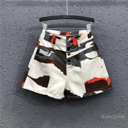 Camouflage Denim Shorts Women 2021 Summer New Cool Design High Waist Wide Leg Hot Pants Cycling Short Femme Nancylim