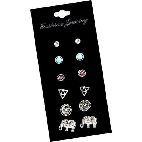 Retro Crystal Resin Stud Earring Sets Mixed Elephant Round Geometric Vintage Party Earring for Women As Gifts New Fashion 6pairs