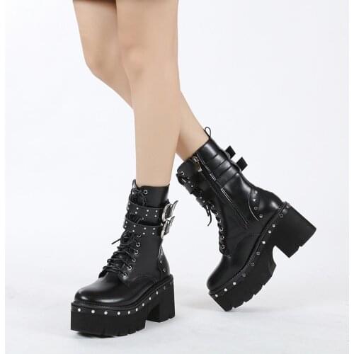 Winter Gothic Punk Womens Platform Boots Black Buckle Patent leather Creeper Wedges Shoes Mid Calf Military Combat Boots