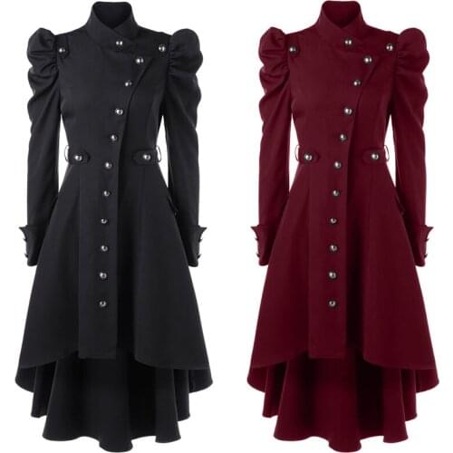 2021 Women Medieval Gothic Steampunk Slim Costume Trench Jacket Fashion Solid Stand Collar Irregular Hem Coats Victorian Costume