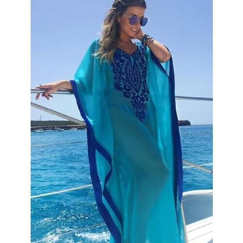 2021 Plus Size Blue Embroidered Summer Beachwear Chiffon Kaftan Beach Woman Tunic Bath Dress Robe plage Swim Wear Cover Up #Q746