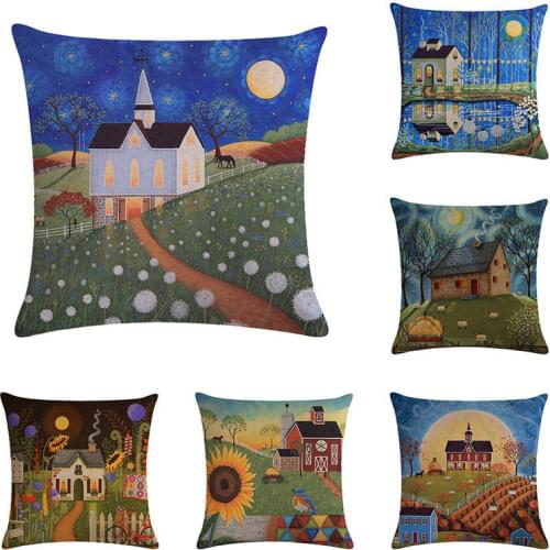 45*45cm Night view of cartoon town print Cushion Cover Linen Throw Pillow Car Home Decoration Decorative PillowcaseT430