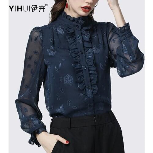 Mesh Sleeve Chiffon Shirt Women New Embossing Flower Stand Ruffled Neck Single-Breasted Tops Loose Elegant Spring Summer Blouses
