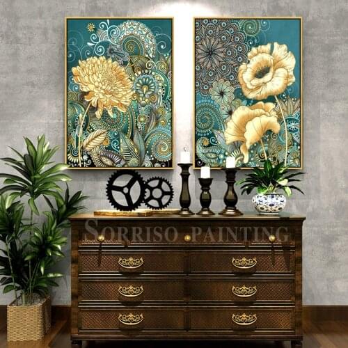 Canvas Painting with Frame Abstract Golden Flowers Wall Art Posters And Prints Pictures for Living Room Home Decoration Artwork
