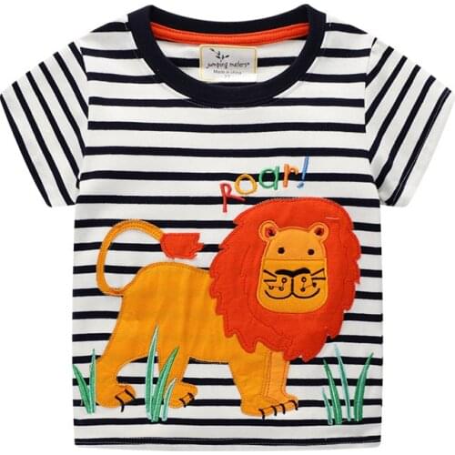 Jumping meters Applique Children T shirts For Summer Boys Girls Tees Tops Cotton Fabric Stripe Lion Baby Boys Shirt Kids Clothes