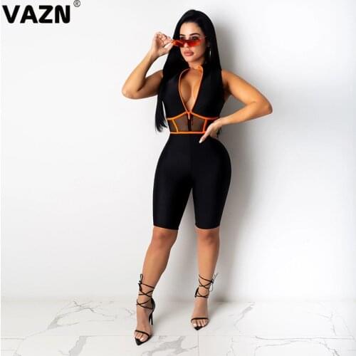VAZN 2020 Summer Hot Special Patchowrk Lace Top Elastic Sexy Club Young Fashion Tank Sleeve High Waist Slim Playsuits