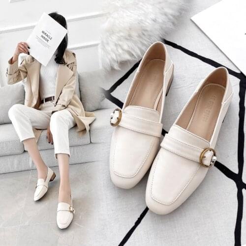 Pearl decoration mules shoes woman leather buckle belt slip on pumps black/beige mules square toe moccasin thick low heels women