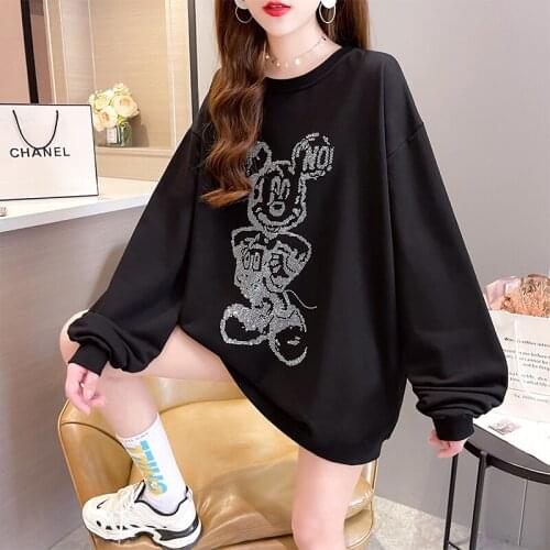 2021 Fall Drilling Diamond Hoodies For Women Long Sleeve O-neck Loose Pullovers Casual Mid Long Sweatshirts Female Tops H004