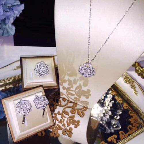 Luxury Hollow Rose Flower Camellia Finger Ring Collar Necklace Stud Earring Jewelry Set Women Wedding Flower Count Jewelry Set