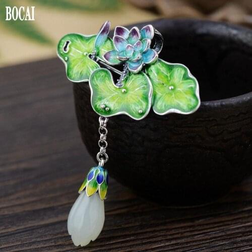 S925 silver, cloisonne pendant female, natural jade lotus, burnt blue lotus leaf lotus literary sweater necklace pendant