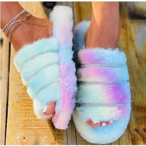Winter Furry Slippers Womens Rhinestone Decor Fluffy Slippers Warm Slipper Crystal Soft Ladies Shoes Woman Female Shoe