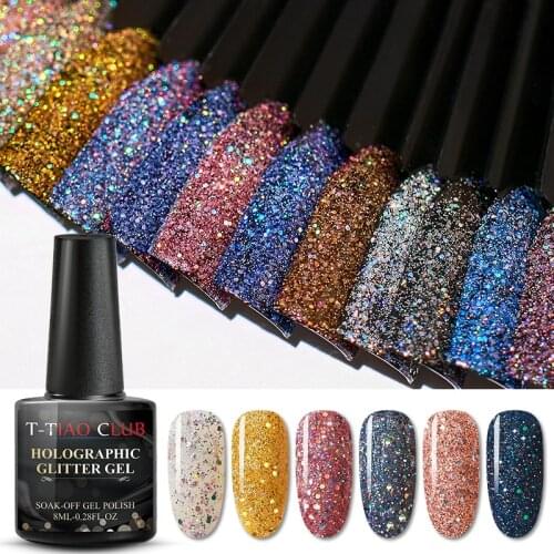 T-TIAO CLUB 8ml Color Gel Polish Holographic Colorful Glitter Sequins UV Soak Off Long Lasting Gel Polish Nail Art Varnish