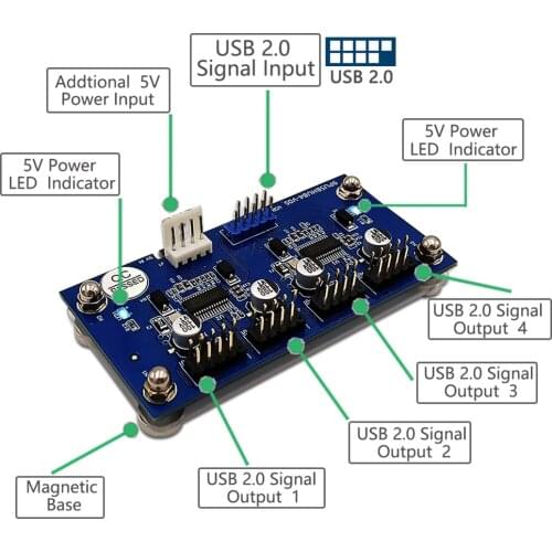 USB Header Male 1 to 4 Female Extension Cable Card Motherboard 9 pin USB 2.0 HUB Connector Adapter + SATA Power Magnetic Base