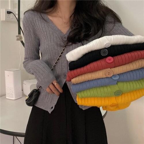 Spring Autumn Knit V-neck Cardigans Women Casual Slim Button Cardigans Coat Outwear Female Basic Crop Jacket