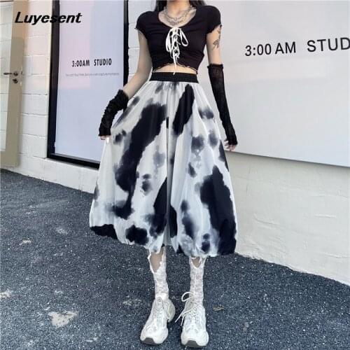 Chinese Style Elastic High Waist Black White Women Harajuku Skirts Gothic Ink Printed Lady Long Skirt Goth Korean Fashion Cloth