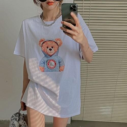 Cartoon Print Loose Summer Tops Woman Plus Size Short Sleeve Oversized T Shirt Women Clothing Tshirt Diamond Fashion Pink 2021
