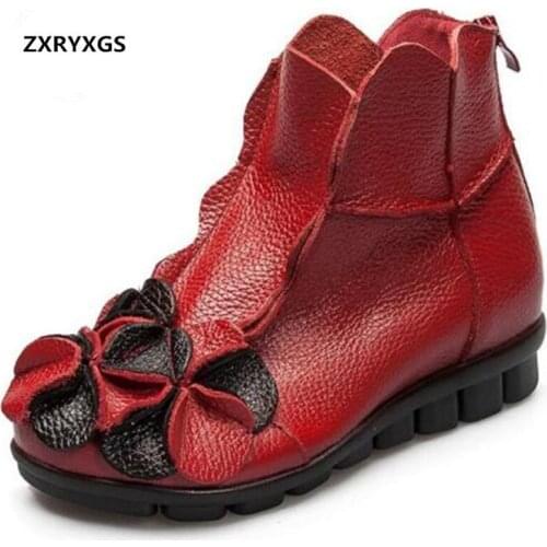2020 Top Soft Cowhide Flower Women Ankle Boots Flat Comfort Fashion Women Boots Warm Winter Boots Genuine Leather Shoes Boots
